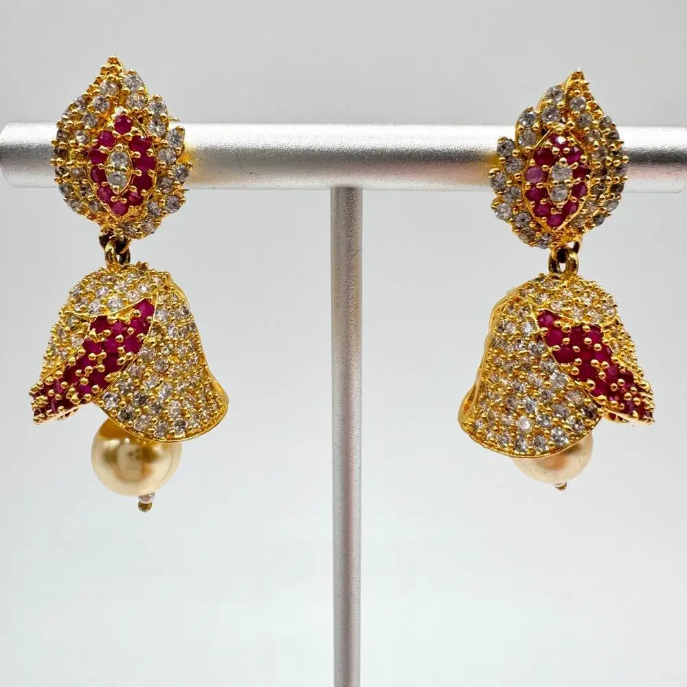 Jeweled Jhumka Drop Earrings Bell Chime Sound India Wedding CZ Ruby? Occasion - Picture 9 of 11